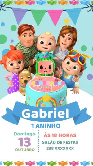 Convite de Aniversário Cocomelon Colorido para Editar Online