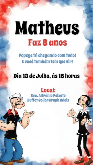 Convite de Aniversário Popeye para Editar e Imprimir Online
