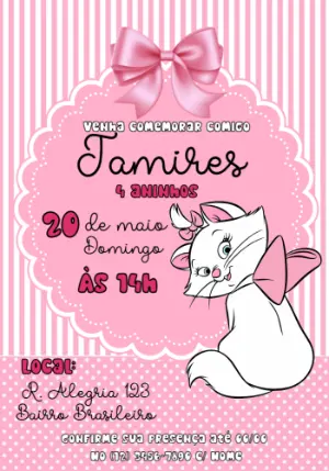 Convite Aniversário Gatinha Marie Editável Online para Imprimir