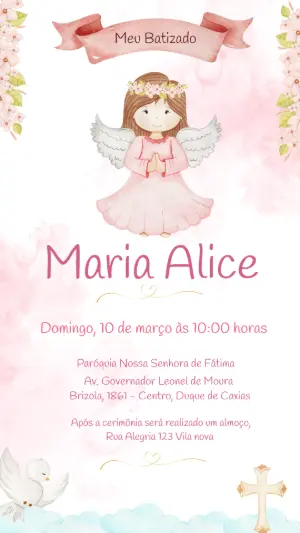 Convite de Batizado Anjinha Rosa para Editar Online