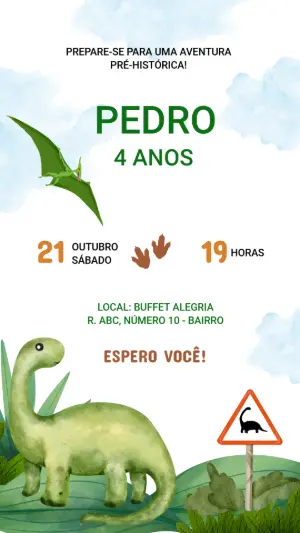Convite de Aniversário Dinossauro Fofo Aquarela para Editar