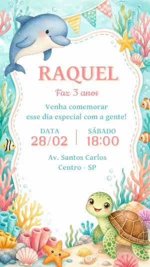 Convite de Aniversário Fundo do Mar com Golfinho Editável