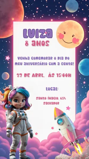 Convite Aniversário Astronauta Menina para Editar Online