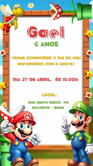 Convite Aniversário Super Mario e Luigi para Editar Online