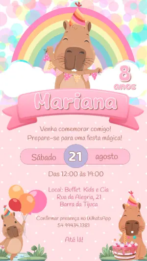 Convite Aniversário Capivara Fofa com Arco-Íris para Editar