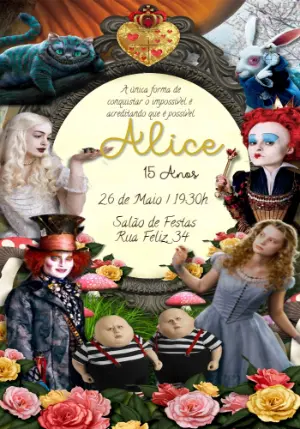 Convite Aniversário Alice no País das Maravilhas Filme Editável