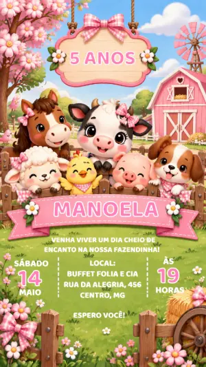 Convite Digital Editável Aniversário Fazendinha Rosa