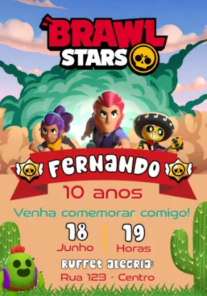 Convite de Aniversário Brawl Stars Colorido para Editar