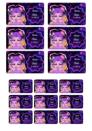 Etiqueta Escolar Guerreiras do K-pop Roxo Neon Modelo Editável