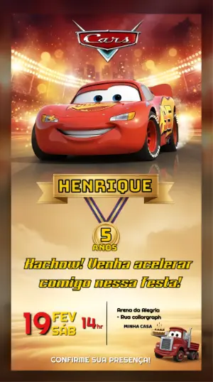 Convite Animado Aniversário Carros: Pista de Corrida Editável