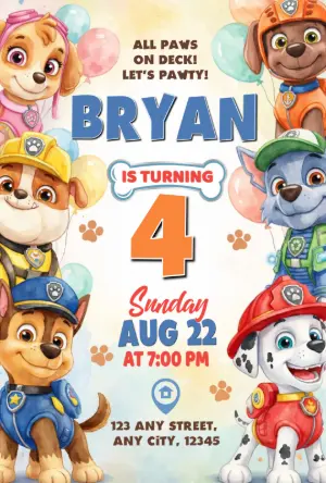 Paw Patrol Watercolor Birthday Invitation Editable Template