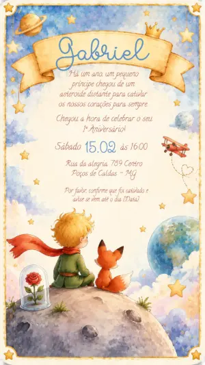 Convite de Aniversário O Pequeno Príncipe Aquarela Editável