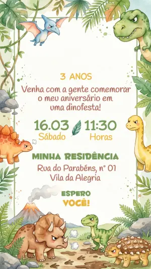 Convite de Aniversário Dinossauro Aquarela Editável