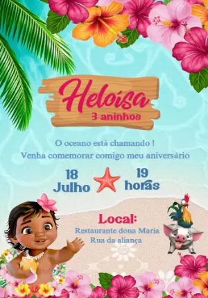 Convite Aniversário Moana Baby Tropical para Editar Online
