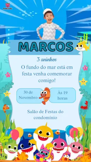 Convite Animado Aniversário Baby Shark para Editar Online