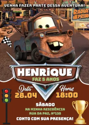 Convite de Aniversário Carros com Mate Modelo Digital para Editar