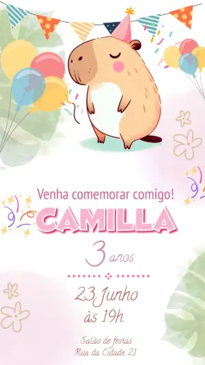 Convite de Aniversário Capivara Fofa para Editar Online