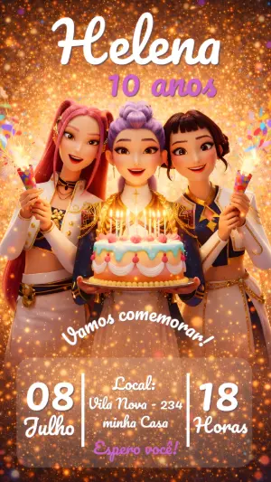 Convite de Aniversário Guerreiras do Kpop Editável com Brilho