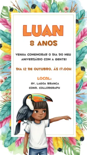 Convite Aniversário Tropical com Menino e Tucano para Editar