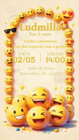 Convite de Aniversário Infantil Emoji Divertido para Editar