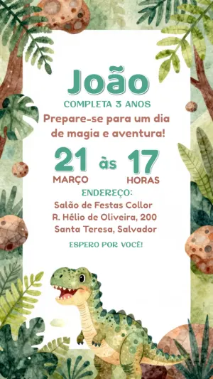 Convite de Aniversário Dinossauro Aquarela para Editar