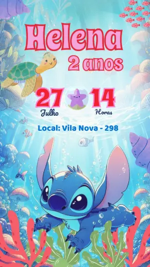 Convite de Aniversário Stitch Fundo do Mar | Modelo Digital Editável