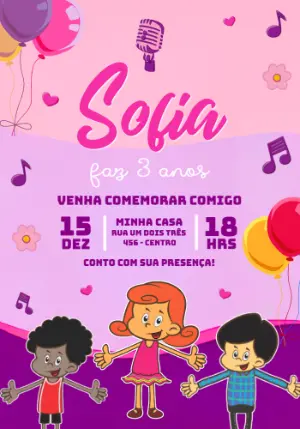 Convite de Aniversário 3 Palavrinhas Colorido para Editar