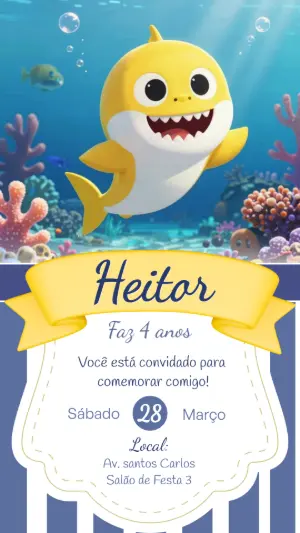 Convite de Aniversário Baby Shark Amarelo para Editar Online