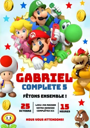 Invitation Anniversaire Super Mario avec Personnages à Modifier