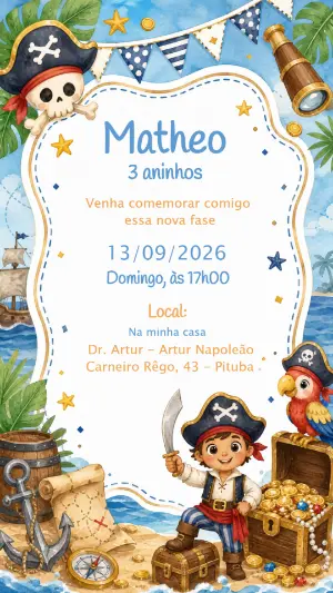 Convite de Aniversário Pirata Aquarela para Editar