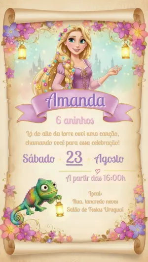 Convite Digital Aniversário Enrolados Princesa para Editar