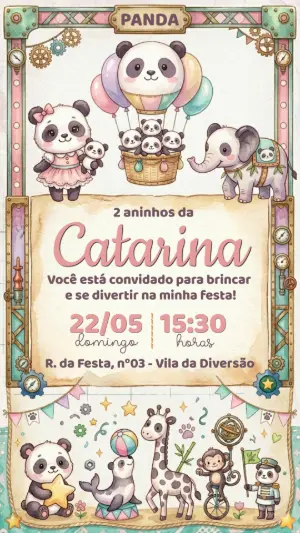 Convite de Aniversário Panda Circo Fofo para Editar