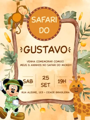 Convite Aniversário Mickey Safari Editável Online para Imprimir
