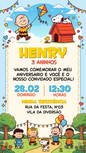 Convite de Aniversário Infantil Snoopy e Turma Editável