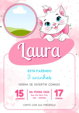 Convite de Aniversário Gatinha Marie com Foto Editável