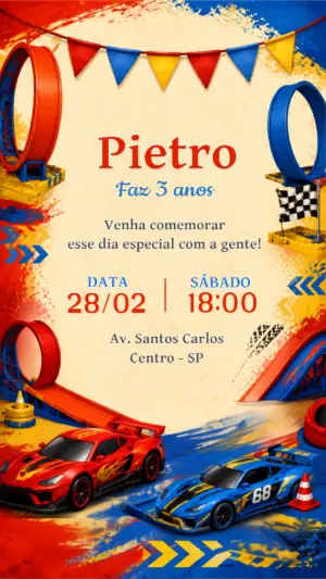 Convite de Aniversário Carros de Corrida Colorido para Editar
