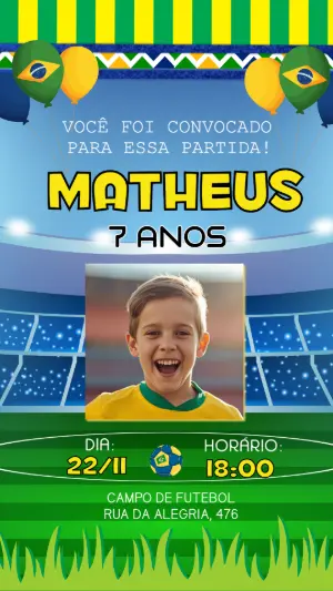 Convite de Aniversário Futebol Brasil Editável com Foto