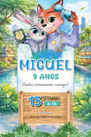 Convite Digital Infantil Zootopia Modelo Editável para Aniversário