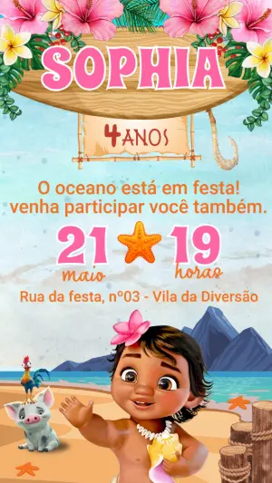 Convite de Aniversário Moana Baby Tropical para Editar