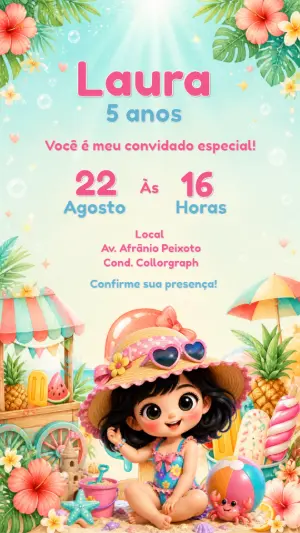 Convite de Aniversário Verão e Praia para Menina Editável