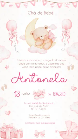 Convite Chá de Bebê Ursinha na Lua Rosa Editável