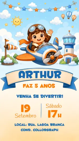 Convite de Aniversário Aviador Fofo para Editar