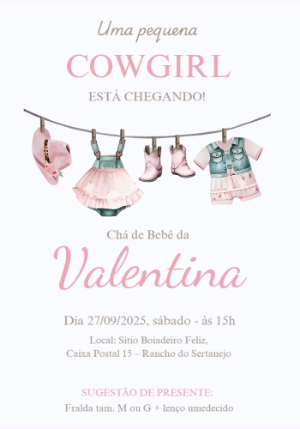 Convite Chá de Bebê Cowgirl Country para Editar Online