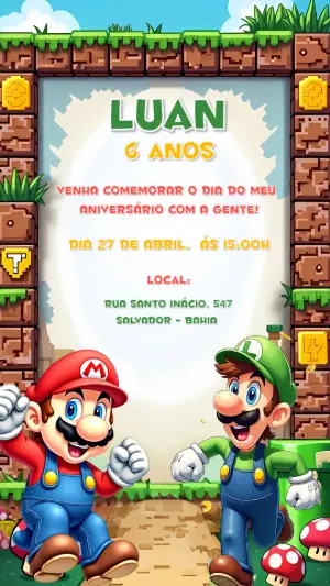 Convite de Aniversário Super Mario e Luigi para Editar Online