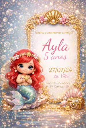 Convite de Aniversário Pequena Sereia Ariel com Glitter para Editar