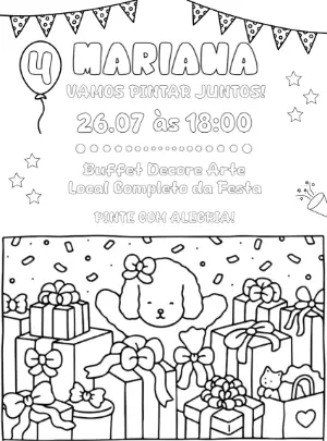 Convite de Aniversário Para Colorir com Cachorrinho para Editar