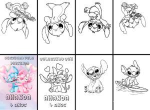 Mini Livro de Colorir Stitch e Angel Editável para Festa