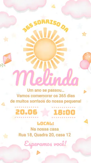 Convite Aniversário 1 Ano 365 Sorrisos Sol Editável