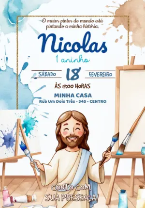 Convite Aniversário Jesus Pintor Aquarela Modelo Editável