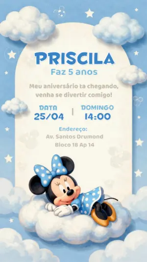 Convite de Aniversário Minnie Azul nas Nuvens Editável